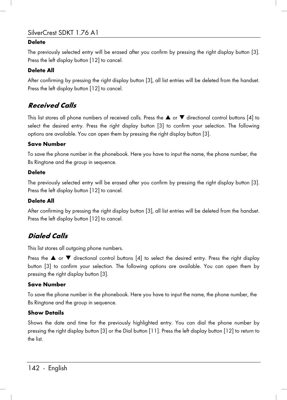 Received calls, Dialed calls | Silvercrest SDKT 1.76 A1 User Manual | Page 144 / 216