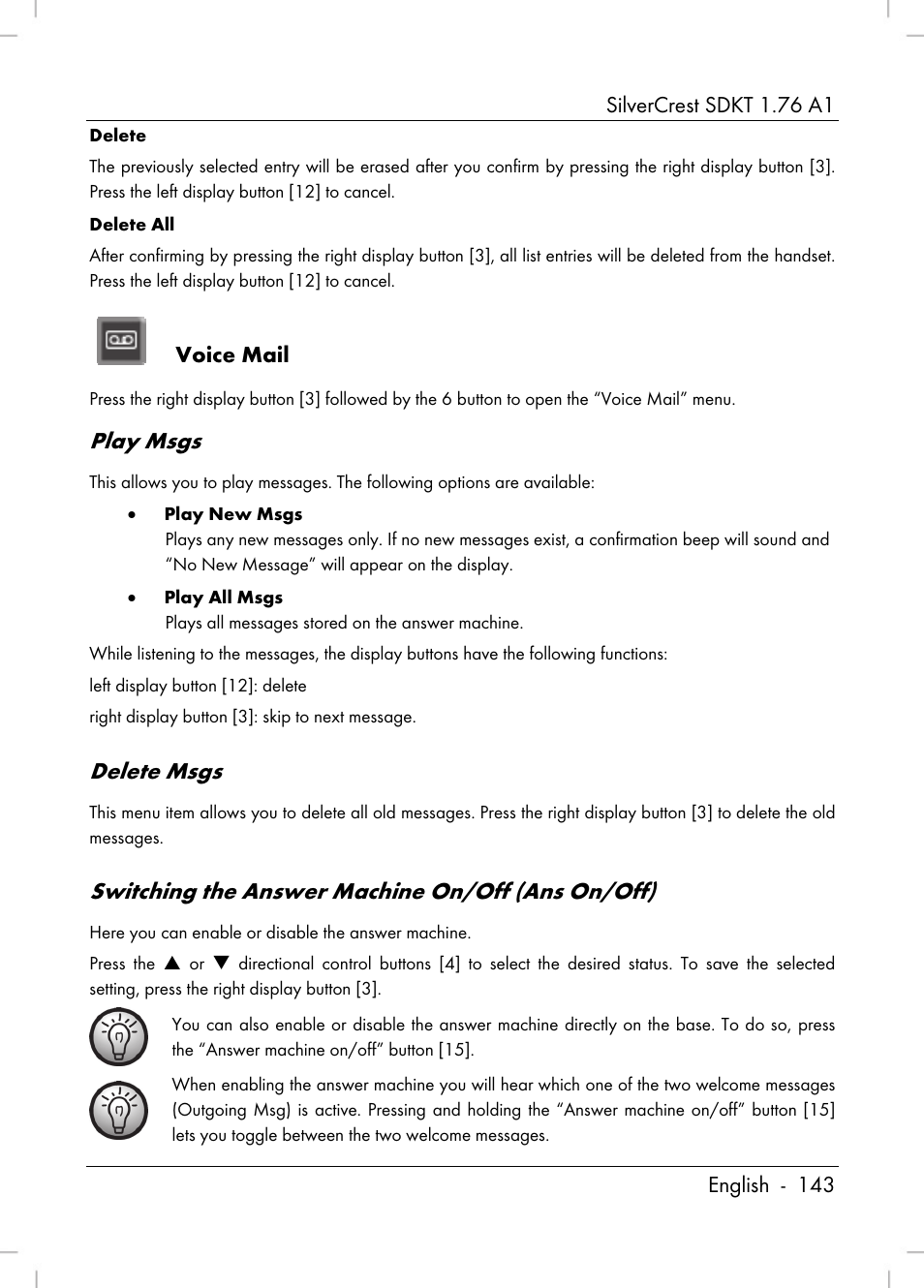 Play msgs, Delete msgs, Switching the answer machine on/off (ans on/off) | Voice mail | Silvercrest SDKT 1.76 A1 User Manual | Page 145 / 216