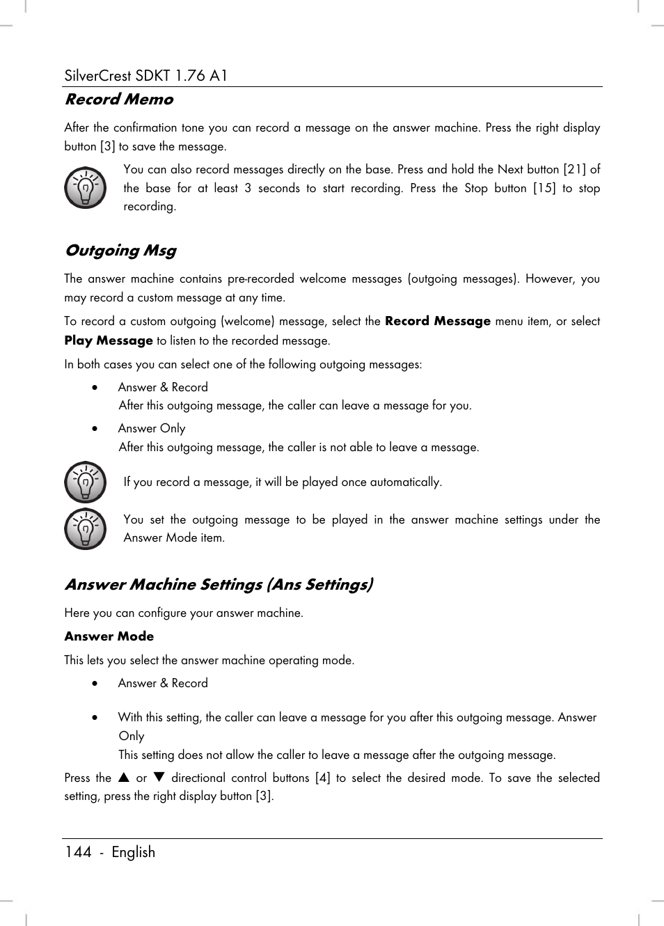 Outgoing msg, Answer machine settings (ans settings) | Silvercrest SDKT 1.76 A1 User Manual | Page 146 / 216