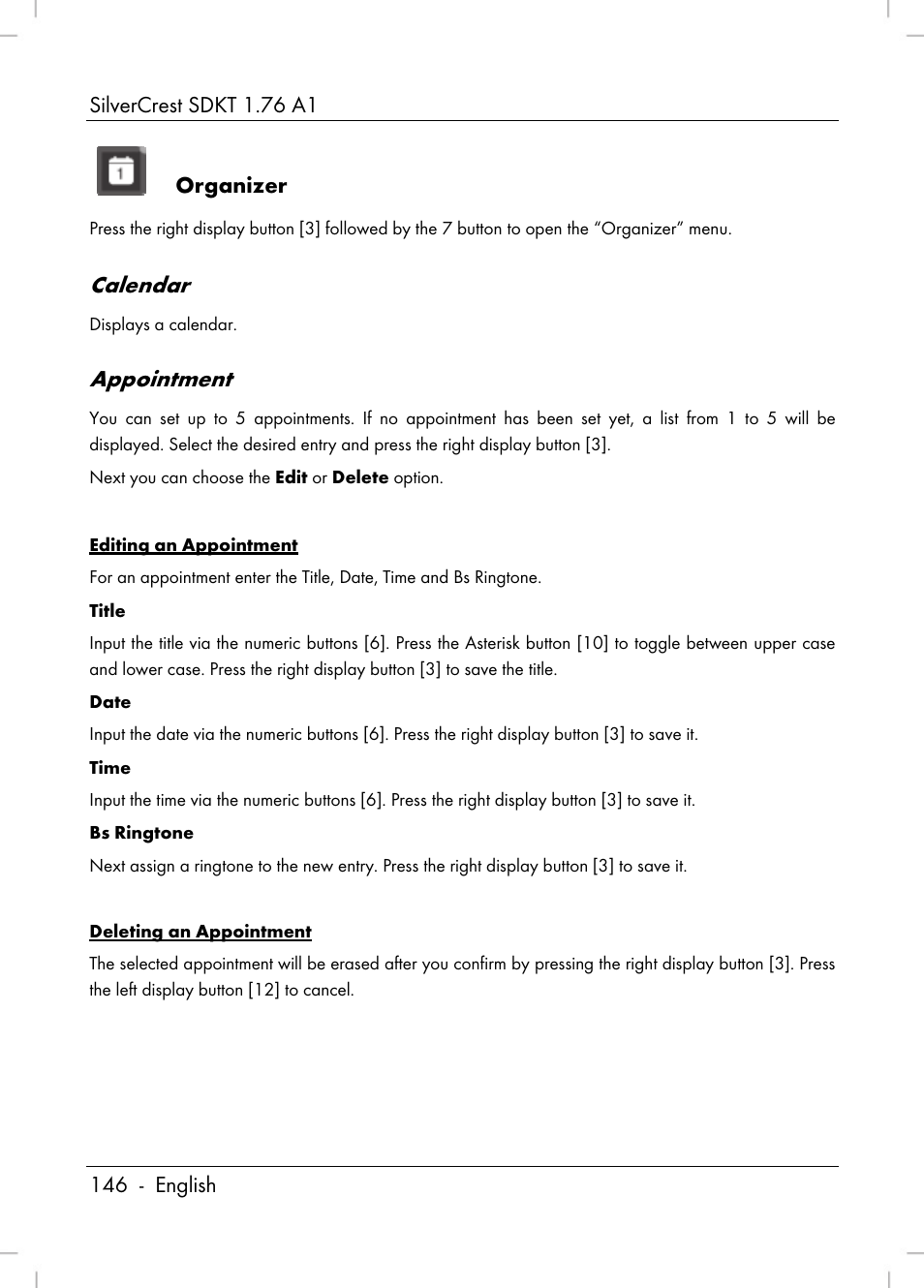 Calendar, Appointment, Organizer | Silvercrest SDKT 1.76 A1 User Manual | Page 148 / 216