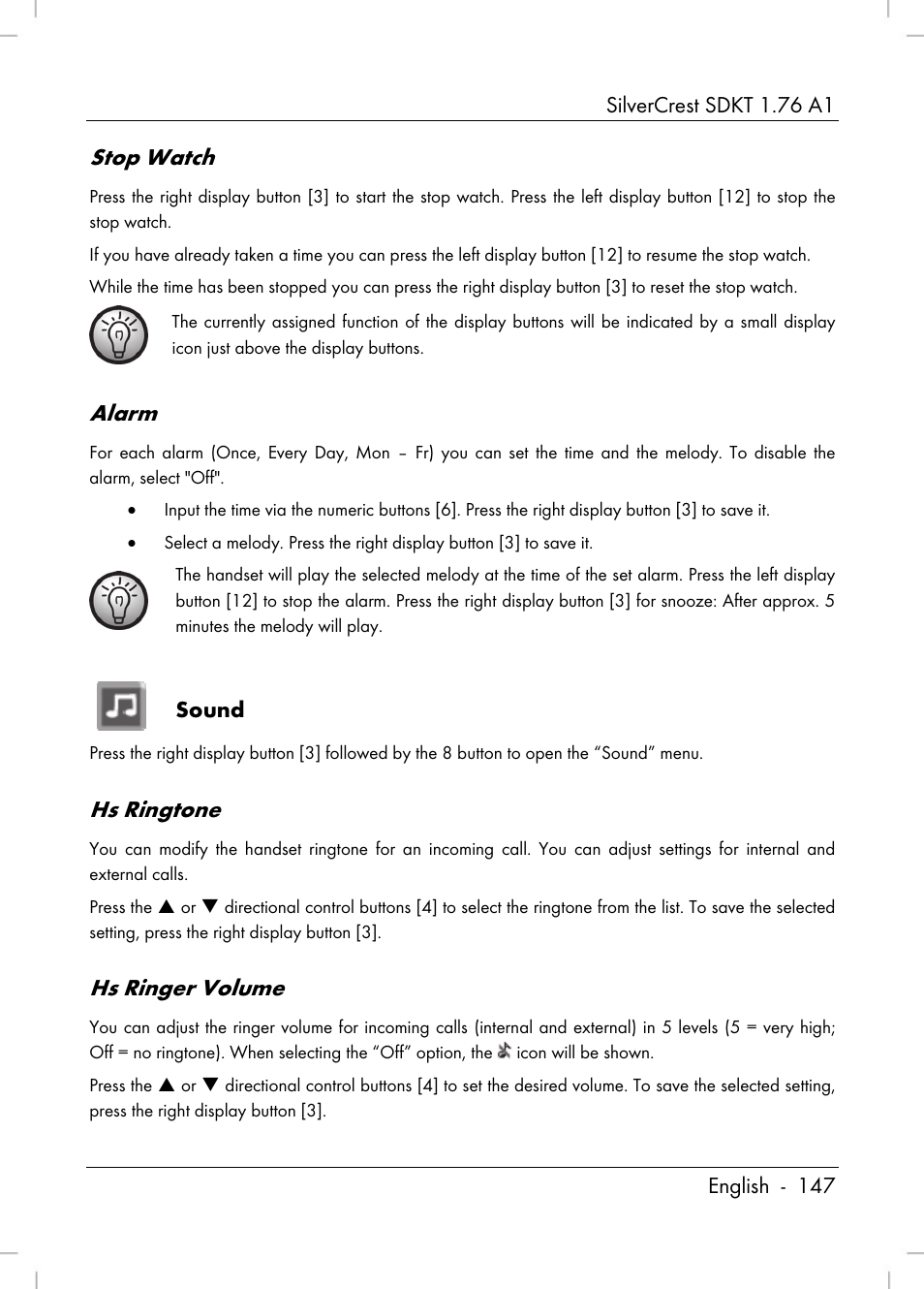 Stop watch, Alarm, Hs ringtone | Hs ringer volume | Silvercrest SDKT 1.76 A1 User Manual | Page 149 / 216