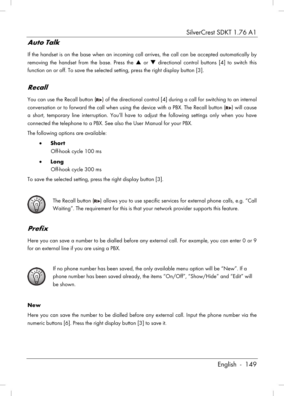 Auto talk, Recall, Prefix | Silvercrest SDKT 1.76 A1 User Manual | Page 151 / 216