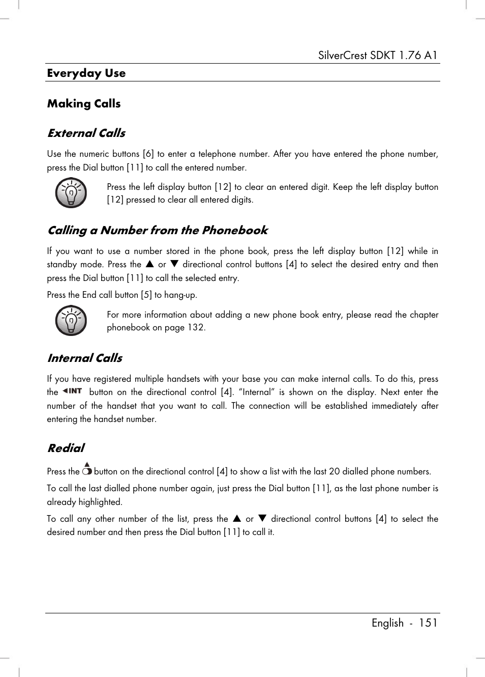 External calls, Calling a number from the phonebook, Internal calls | Redial | Silvercrest SDKT 1.76 A1 User Manual | Page 153 / 216