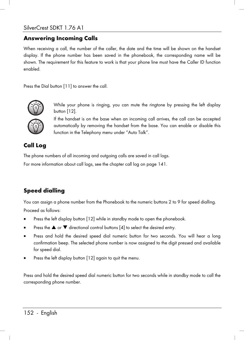 Call log, Speed dialling | Silvercrest SDKT 1.76 A1 User Manual | Page 154 / 216