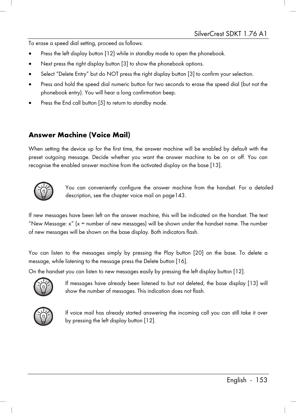 Answer machine (voice mail) | Silvercrest SDKT 1.76 A1 User Manual | Page 155 / 216