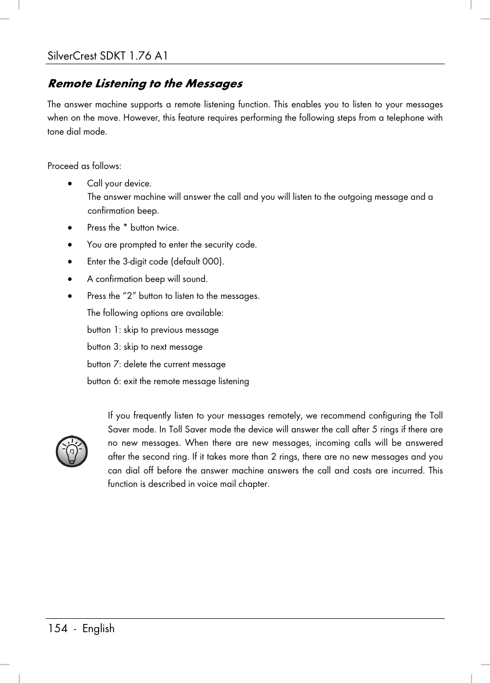 Remote listening to the messages | Silvercrest SDKT 1.76 A1 User Manual | Page 156 / 216