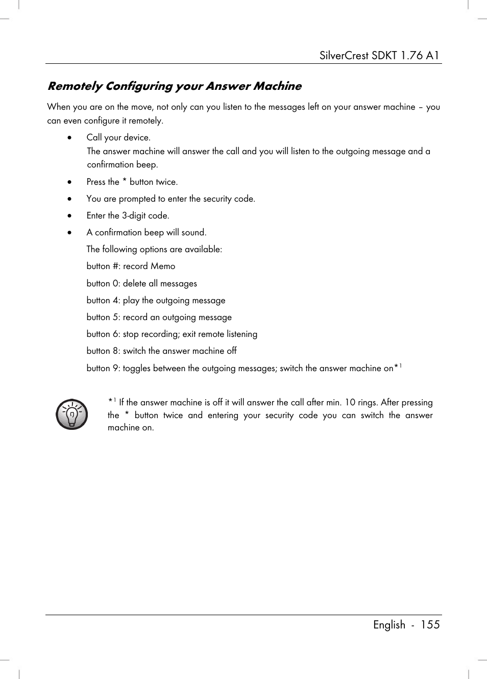 Remotely configuring your answer machine | Silvercrest SDKT 1.76 A1 User Manual | Page 157 / 216