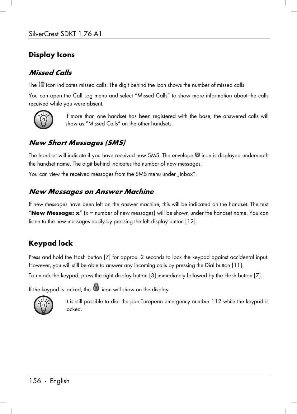 Missed calls, New short messages (sms), New messages on answer machine | Silvercrest SDKT 1.76 A1 User Manual | Page 158 / 216