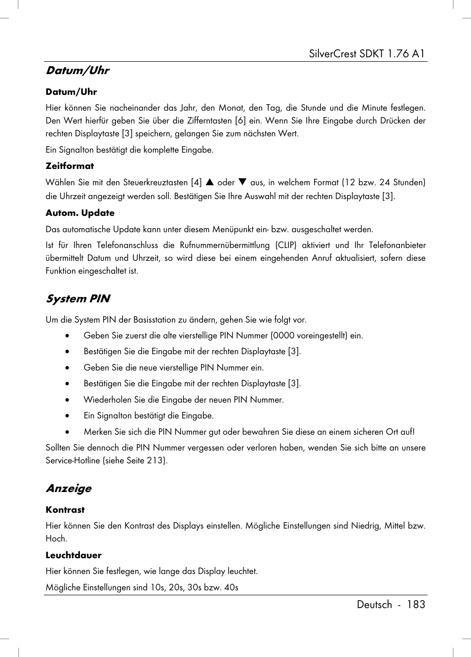 Datum/uhr, System pin, Anzeige | Silvercrest SDKT 1.76 A1 User Manual | Page 185 / 216