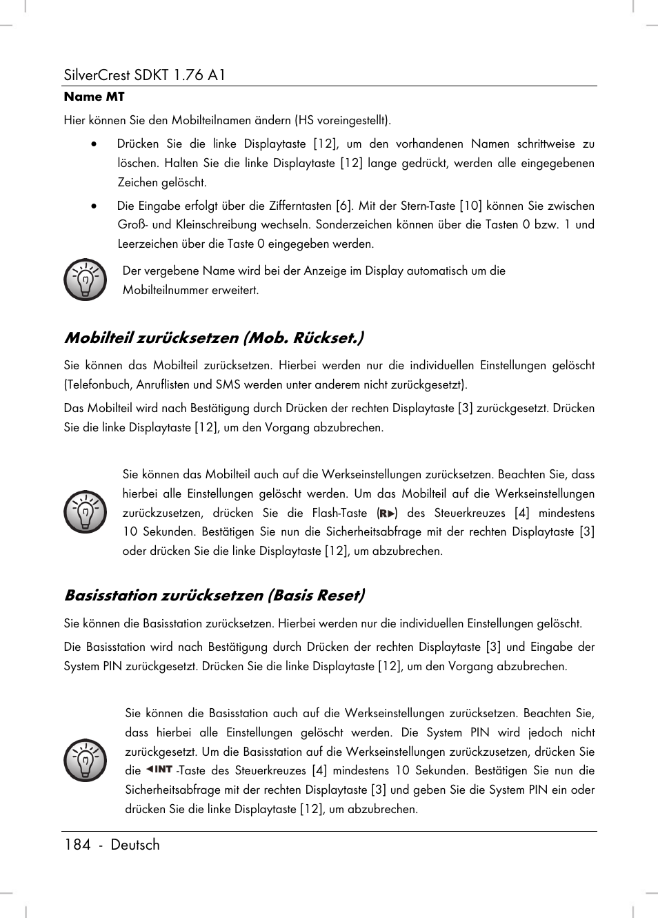 Mobilteil zurücksetzen (mob. rückset.), Basisstation zurücksetzen (basis reset) | Silvercrest SDKT 1.76 A1 User Manual | Page 186 / 216