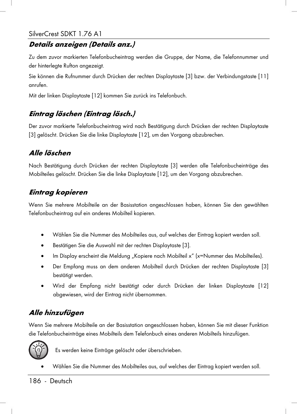 Details anzeigen (details anz.), Eintrag löschen (eintrag lösch.), Alle löschen | Eintrag kopieren, Alle hinzufügen | Silvercrest SDKT 1.76 A1 User Manual | Page 188 / 216