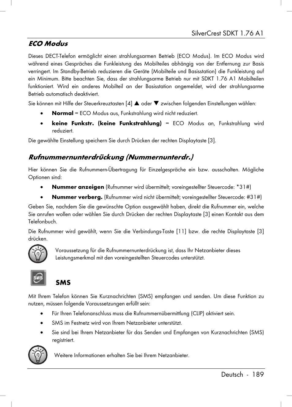 Eco modus, Rufnummernunterdrückung (nummernunterdr.) | Silvercrest SDKT 1.76 A1 User Manual | Page 191 / 216