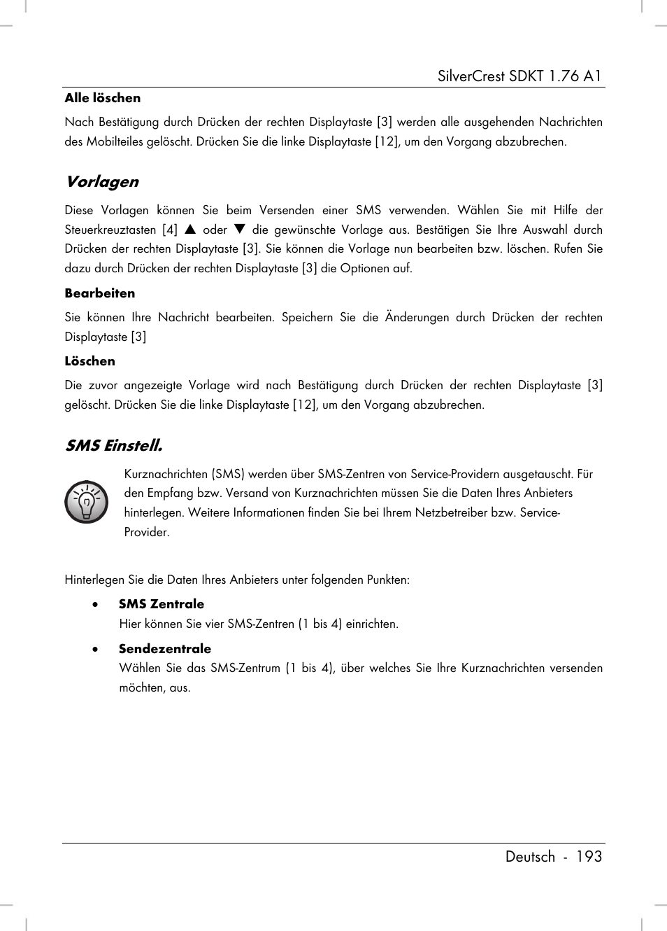 Vorlagen, Sms einstell | Silvercrest SDKT 1.76 A1 User Manual | Page 195 / 216