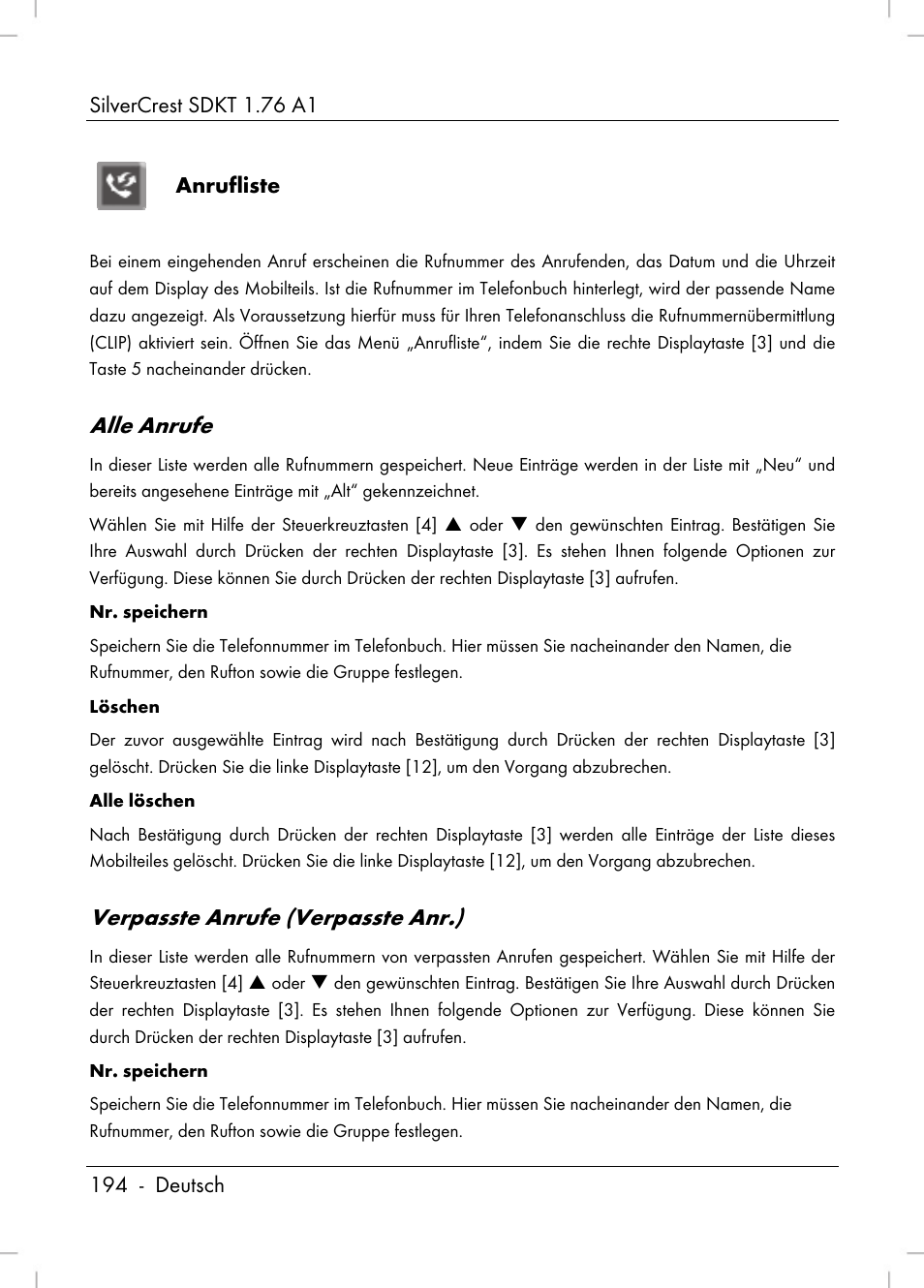 Alle anrufe, Verpasste anrufe (verpasste anr.), Anrufliste | Silvercrest SDKT 1.76 A1 User Manual | Page 196 / 216