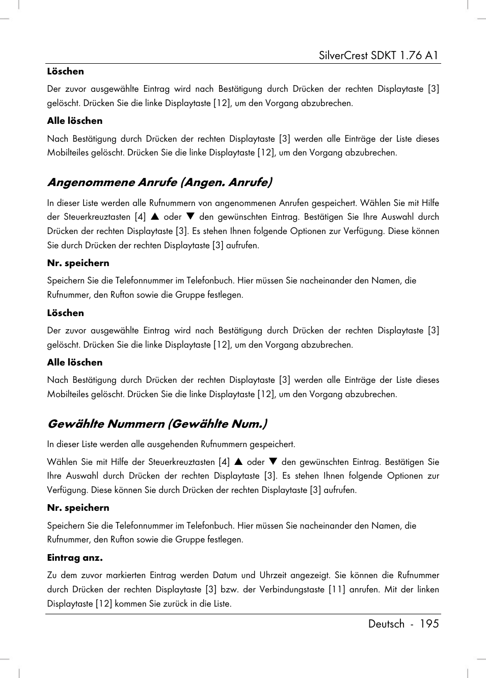 Angenommene anrufe (angen. anrufe), Gewählte nummern (gewählte num.) | Silvercrest SDKT 1.76 A1 User Manual | Page 197 / 216