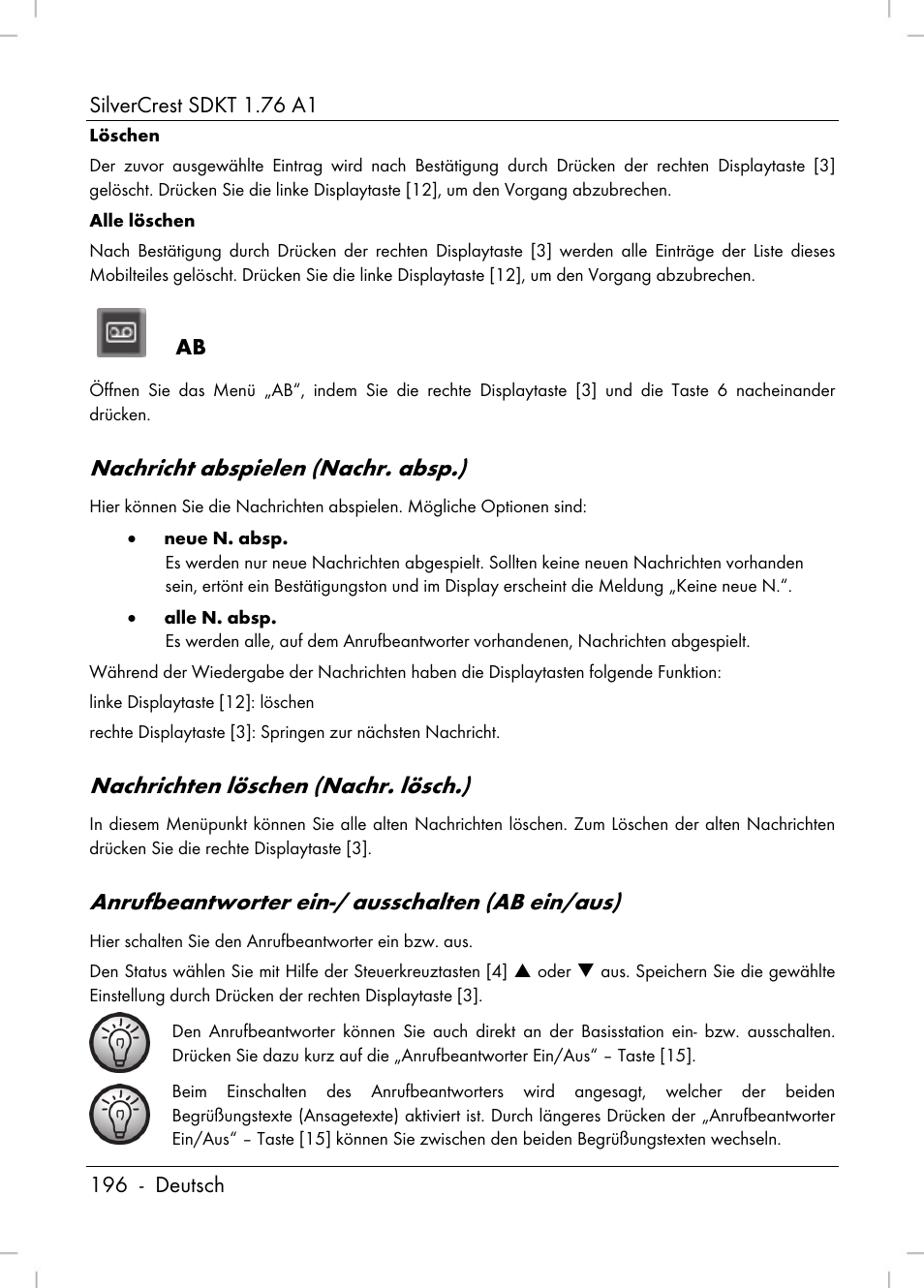 Nachricht abspielen (nachr. absp.), Nachrichten löschen (nachr. lösch.), Anrufbeantworter ein-/ ausschalten (ab ein/aus) | Silvercrest SDKT 1.76 A1 User Manual | Page 198 / 216