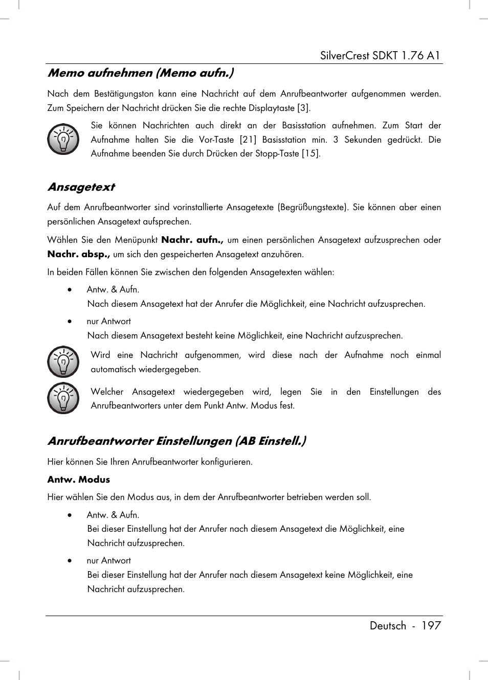 Ansagetext, Anrufbeantworter einstellungen (ab einstell.) | Silvercrest SDKT 1.76 A1 User Manual | Page 199 / 216