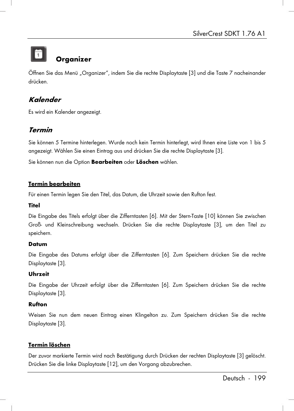 Kalender, Termin, Organizer | Silvercrest SDKT 1.76 A1 User Manual | Page 201 / 216