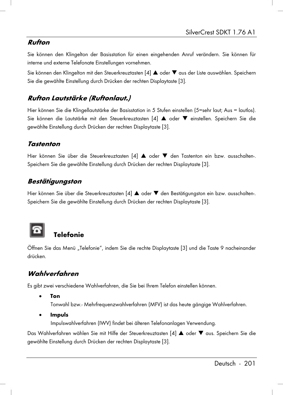 Rufton, Rufton lautstärke (ruftonlaut.), Tastenton | Bestätigungston, Wahlverfahren | Silvercrest SDKT 1.76 A1 User Manual | Page 203 / 216