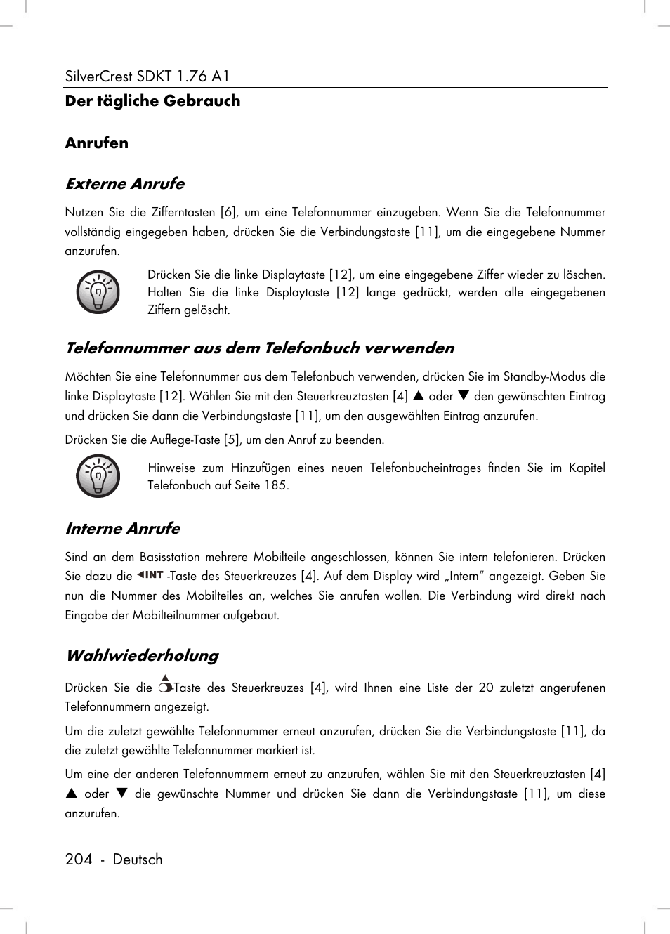 Externe anrufe, Telefonnummer aus dem telefonbuch verwenden, Interne anrufe | Wahlwiederholung | Silvercrest SDKT 1.76 A1 User Manual | Page 206 / 216