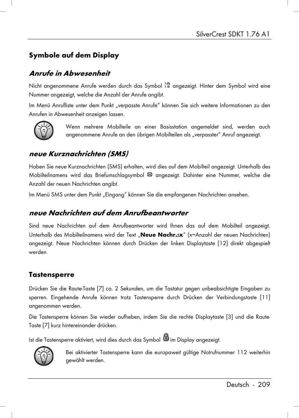 Anrufe in abwesenheit, Neue kurznachrichten (sms), Neue nachrichten auf dem anrufbeantworter | Silvercrest SDKT 1.76 A1 User Manual | Page 211 / 216