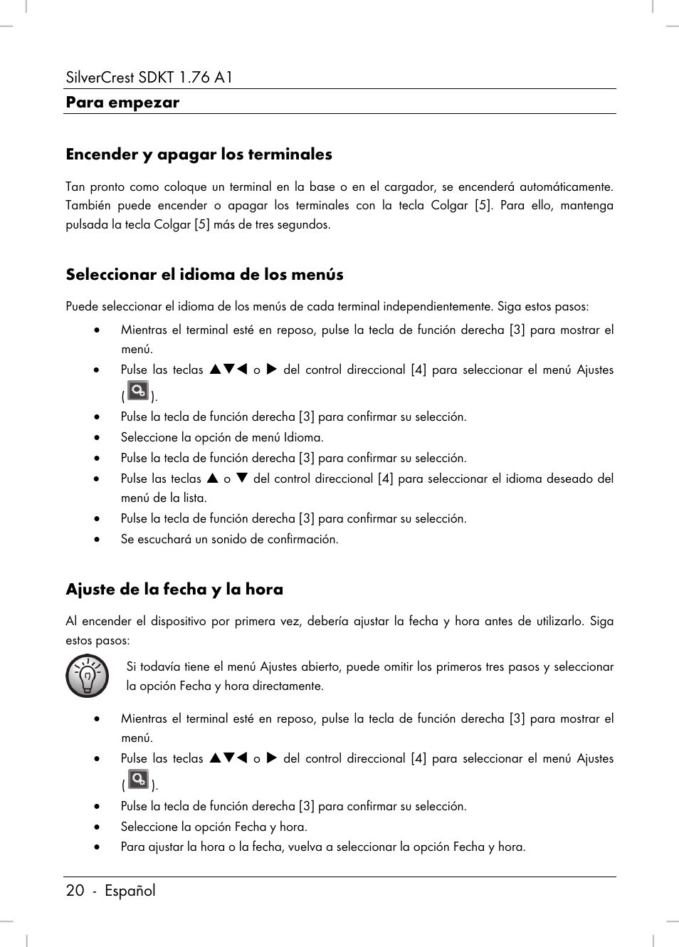 Seleccionar el idioma de los menús, Ajuste de la fecha y la hora | Silvercrest SDKT 1.76 A1 User Manual | Page 22 / 216