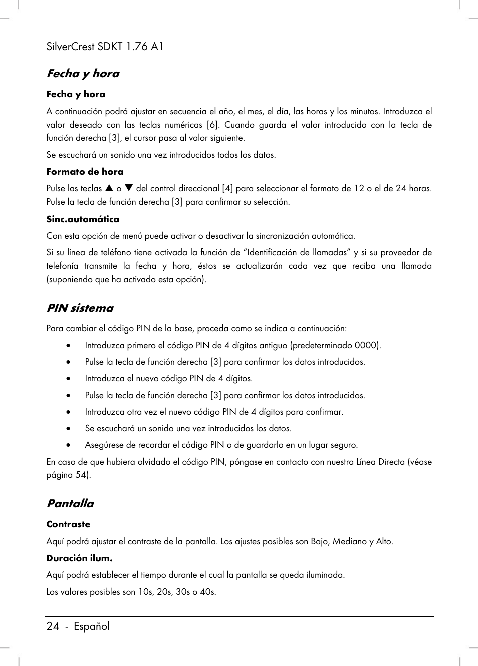 Fecha y hora, Pin sistema, Pantalla | Silvercrest SDKT 1.76 A1 User Manual | Page 26 / 216