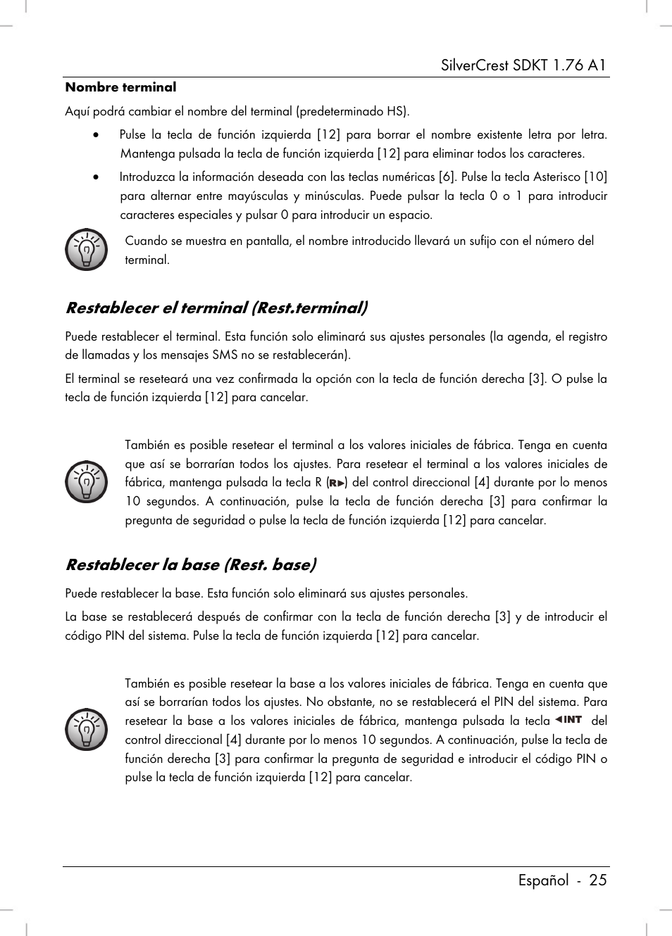 Restablecer el terminal (rest.terminal), Restablecer la base (rest. base) | Silvercrest SDKT 1.76 A1 User Manual | Page 27 / 216