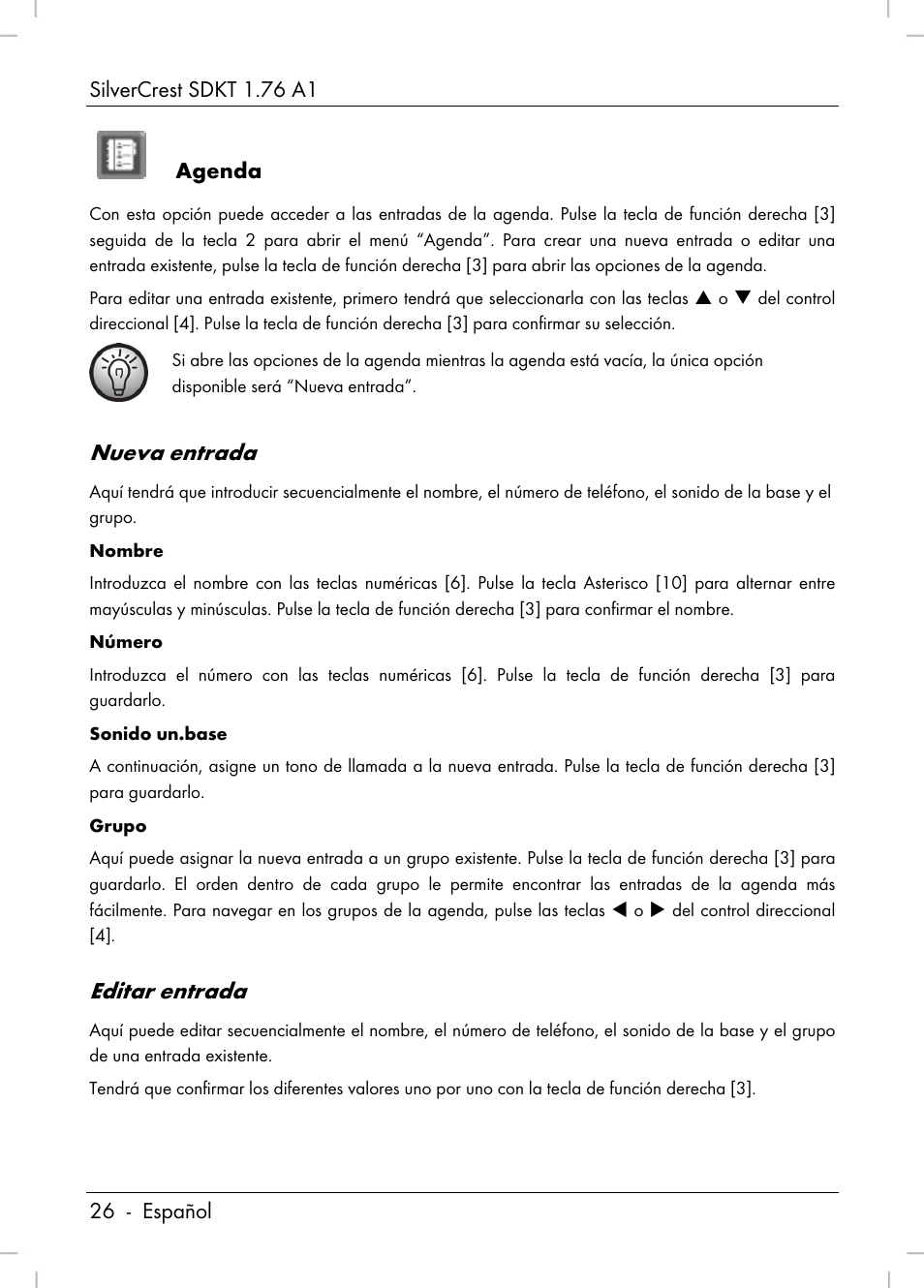 Nueva entrada, Editar entrada, Agenda | Silvercrest SDKT 1.76 A1 User Manual | Page 28 / 216