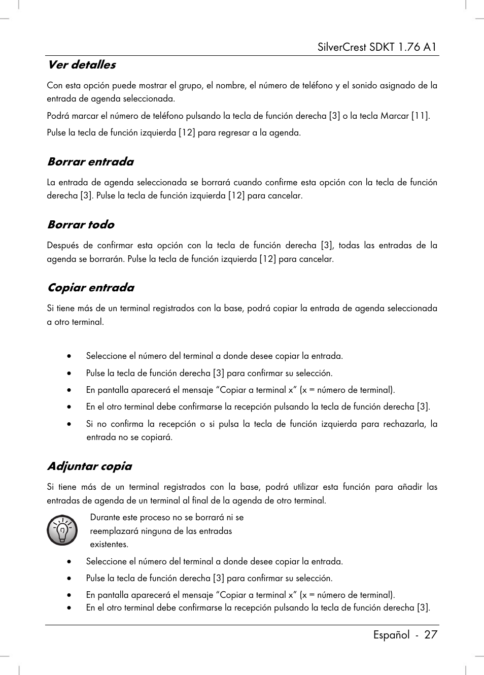 Ver detalles, Borrar entrada, Borrar todo | Copiar entrada, Adjuntar copia | Silvercrest SDKT 1.76 A1 User Manual | Page 29 / 216