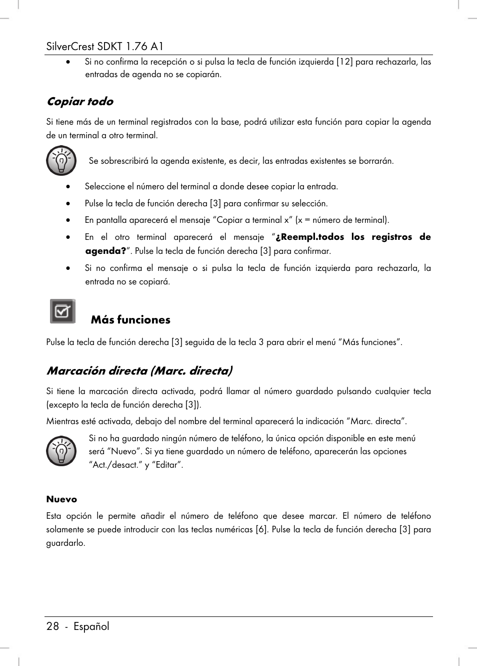 Copiar todo, Marcación directa (marc. directa) | Silvercrest SDKT 1.76 A1 User Manual | Page 30 / 216