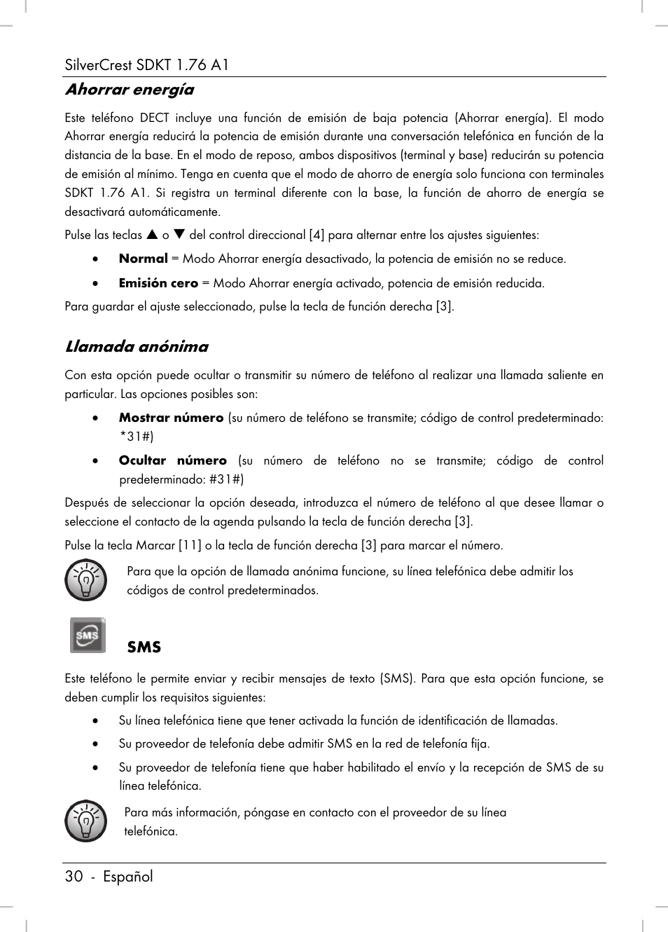 Ahorrar energía, Llamada anónima | Silvercrest SDKT 1.76 A1 User Manual | Page 32 / 216