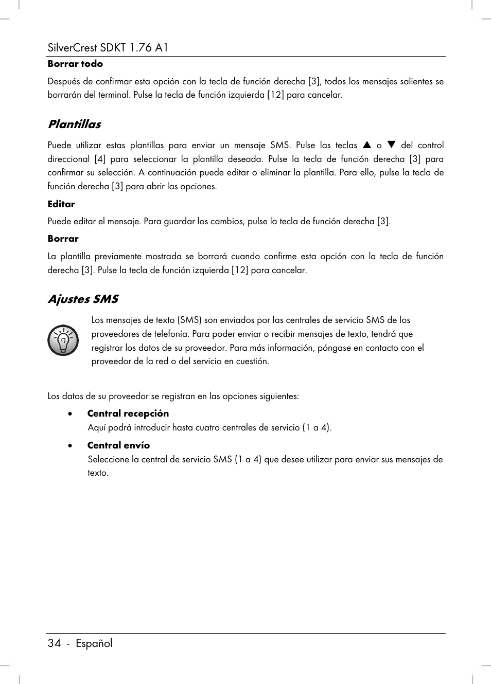 Plantillas, Ajustes sms | Silvercrest SDKT 1.76 A1 User Manual | Page 36 / 216