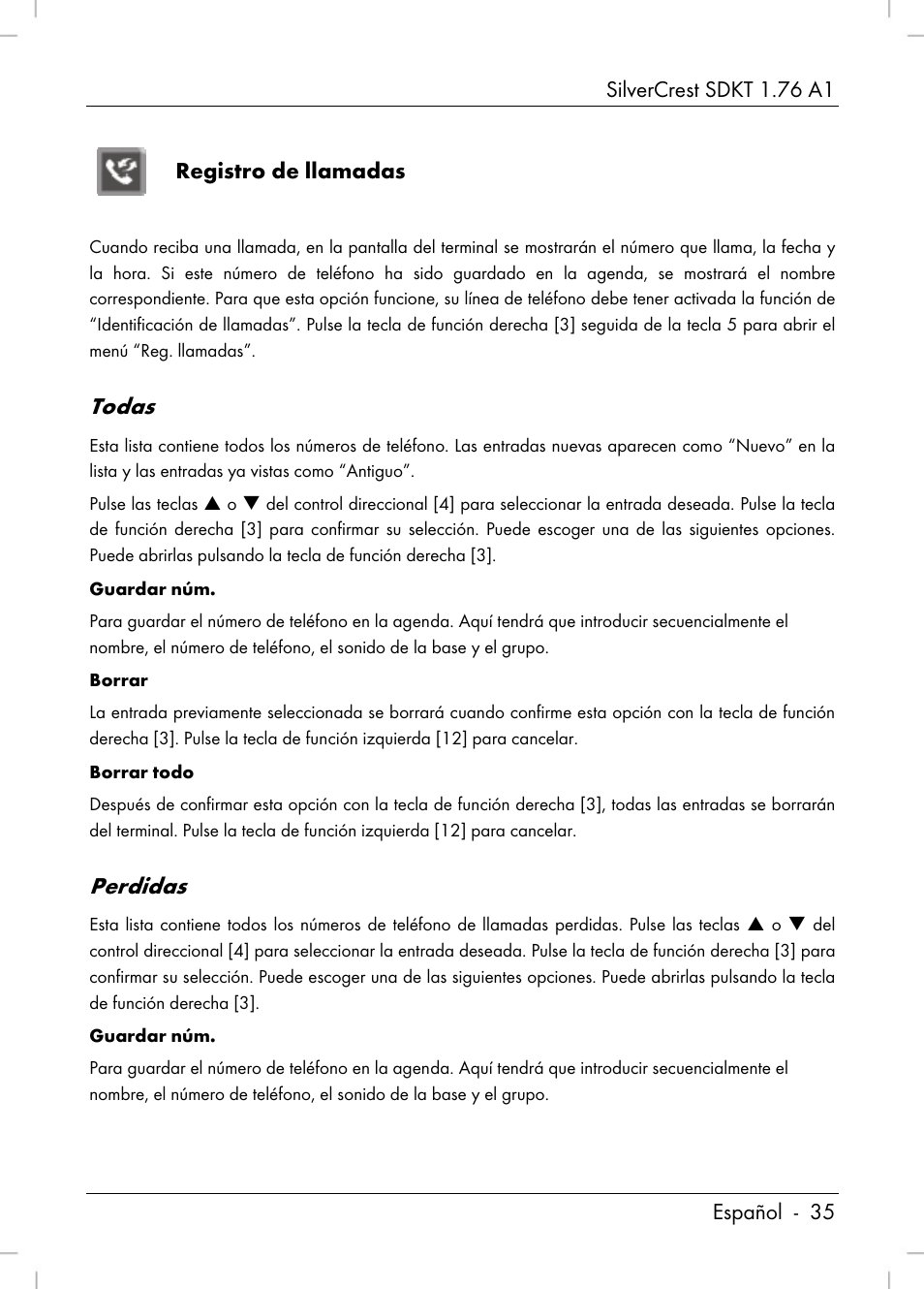 Todas, Perdidas, Registro de llamadas | Silvercrest SDKT 1.76 A1 User Manual | Page 37 / 216
