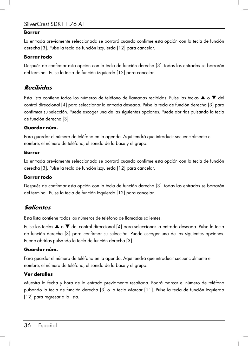 Recibidas, Salientes | Silvercrest SDKT 1.76 A1 User Manual | Page 38 / 216