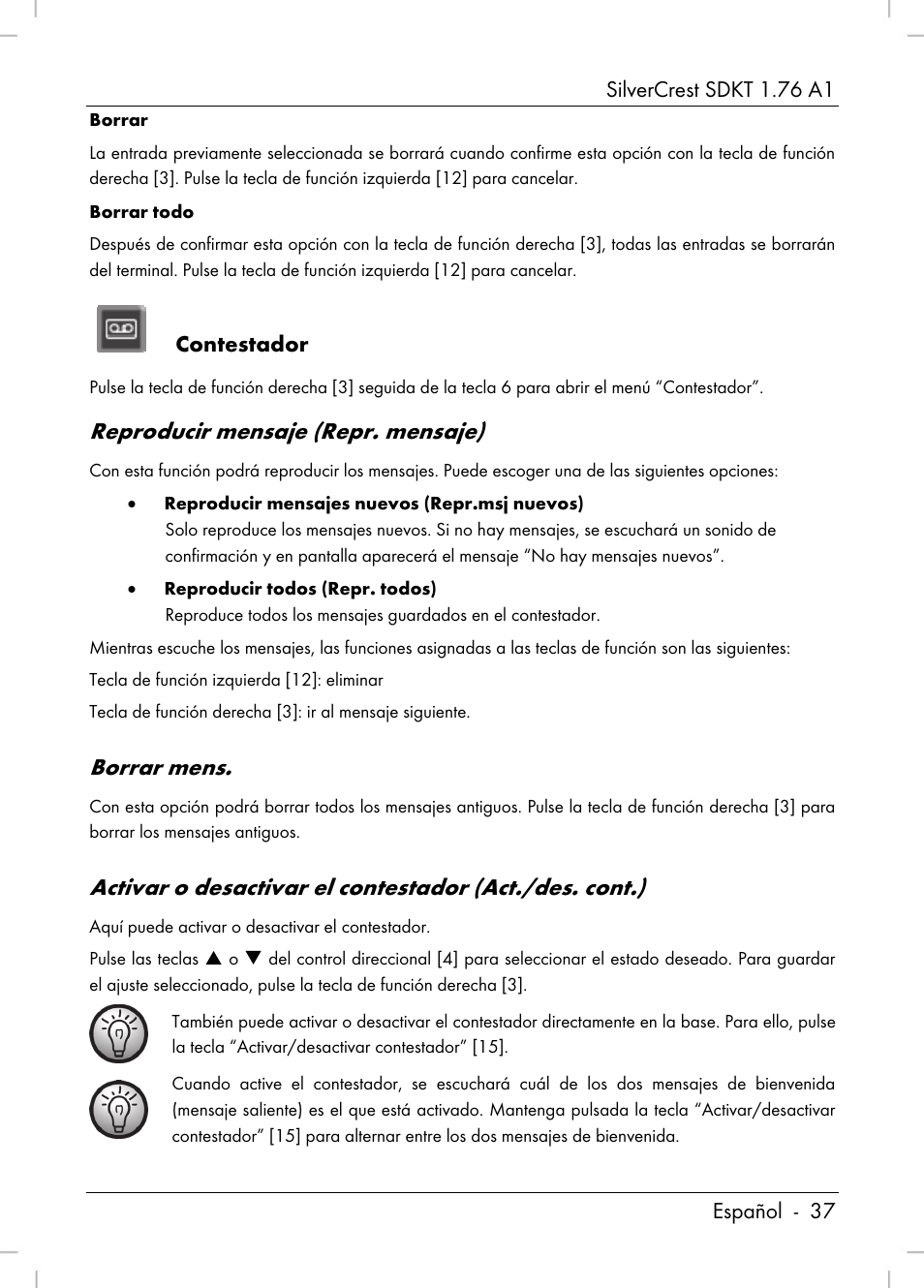 Reproducir mensaje (repr. mensaje), Borrar mens | Silvercrest SDKT 1.76 A1 User Manual | Page 39 / 216