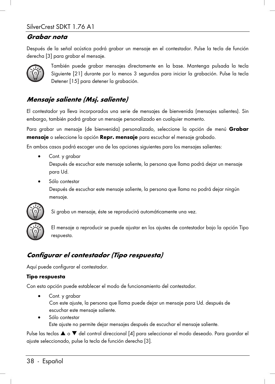 Grabar nota, Mensaje saliente (msj. saliente), Configurar el contestador (tipo respuesta) | Silvercrest SDKT 1.76 A1 User Manual | Page 40 / 216