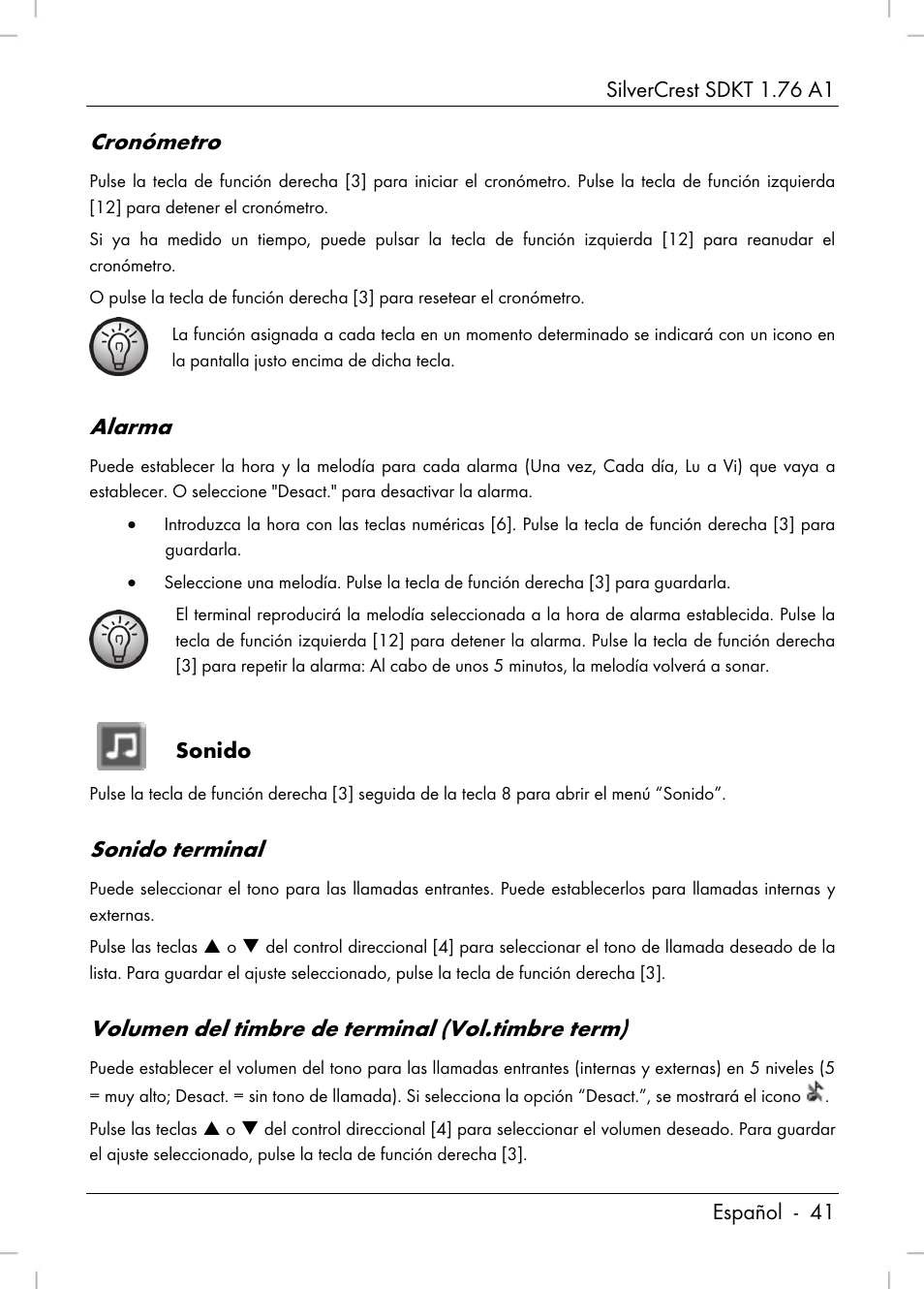 Cronómetro, Alarma, Sonido terminal | Volumen del timbre de terminal (vol.timbre term) | Silvercrest SDKT 1.76 A1 User Manual | Page 43 / 216
