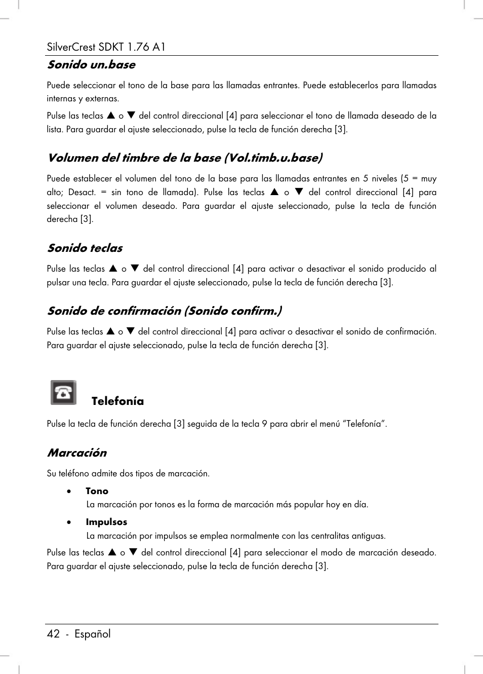 Sonido un.base, Volumen del timbre de la base (vol.timb.u.base), Sonido teclas | Sonido de confirmación (sonido confirm.), Marcación | Silvercrest SDKT 1.76 A1 User Manual | Page 44 / 216