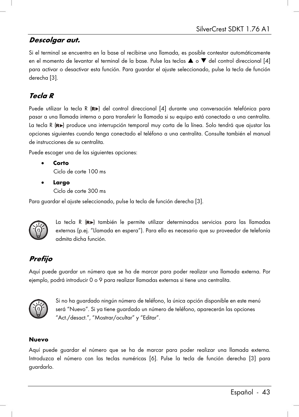 Descolgar aut, Tecla r, Prefijo | Silvercrest SDKT 1.76 A1 User Manual | Page 45 / 216