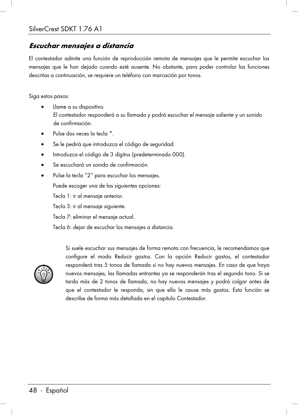 Escuchar mensajes a distancia | Silvercrest SDKT 1.76 A1 User Manual | Page 50 / 216