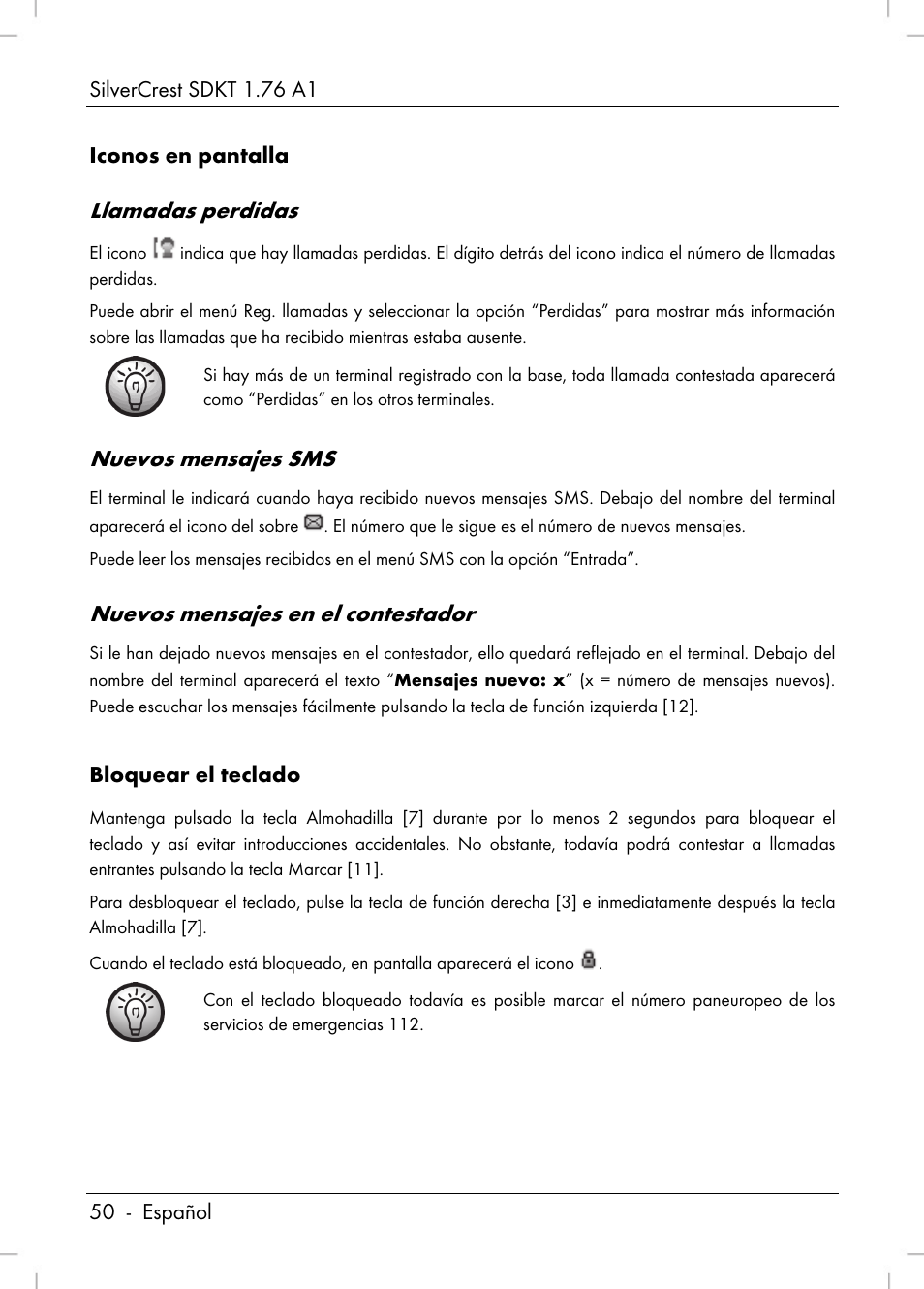 Llamadas perdidas, Nuevos mensajes sms, Nuevos mensajes en el contestador | Silvercrest SDKT 1.76 A1 User Manual | Page 52 / 216