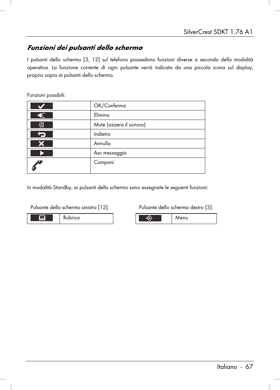 Funzioni dei pulsanti dello schermo | Silvercrest SDKT 1.76 A1 User Manual | Page 69 / 216