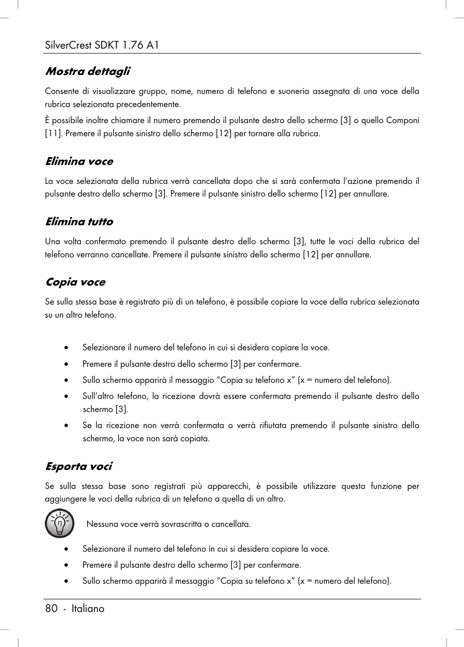 Mostra dettagli, Elimina voce, Elimina tutto | Copia voce, Esporta voci | Silvercrest SDKT 1.76 A1 User Manual | Page 82 / 216
