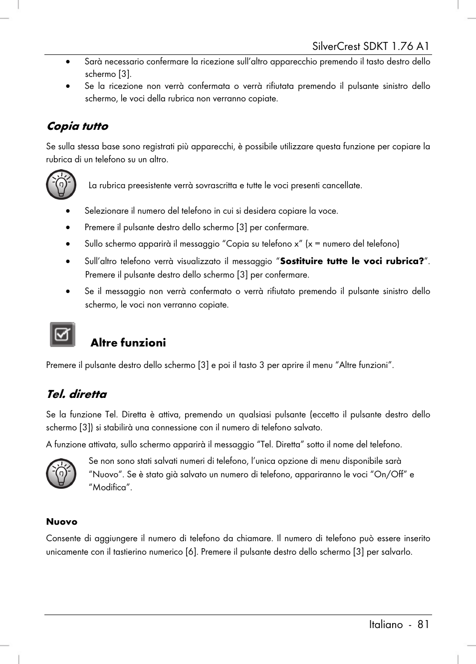 Copia tutto, Tel. diretta | Silvercrest SDKT 1.76 A1 User Manual | Page 83 / 216