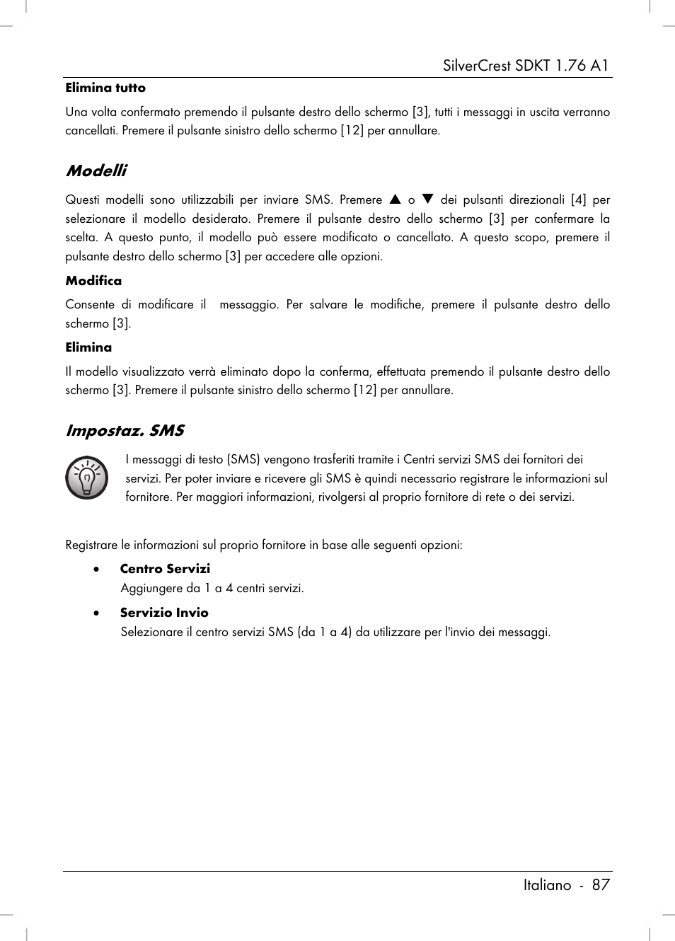 Modelli, Impostaz. sms | Silvercrest SDKT 1.76 A1 User Manual | Page 89 / 216