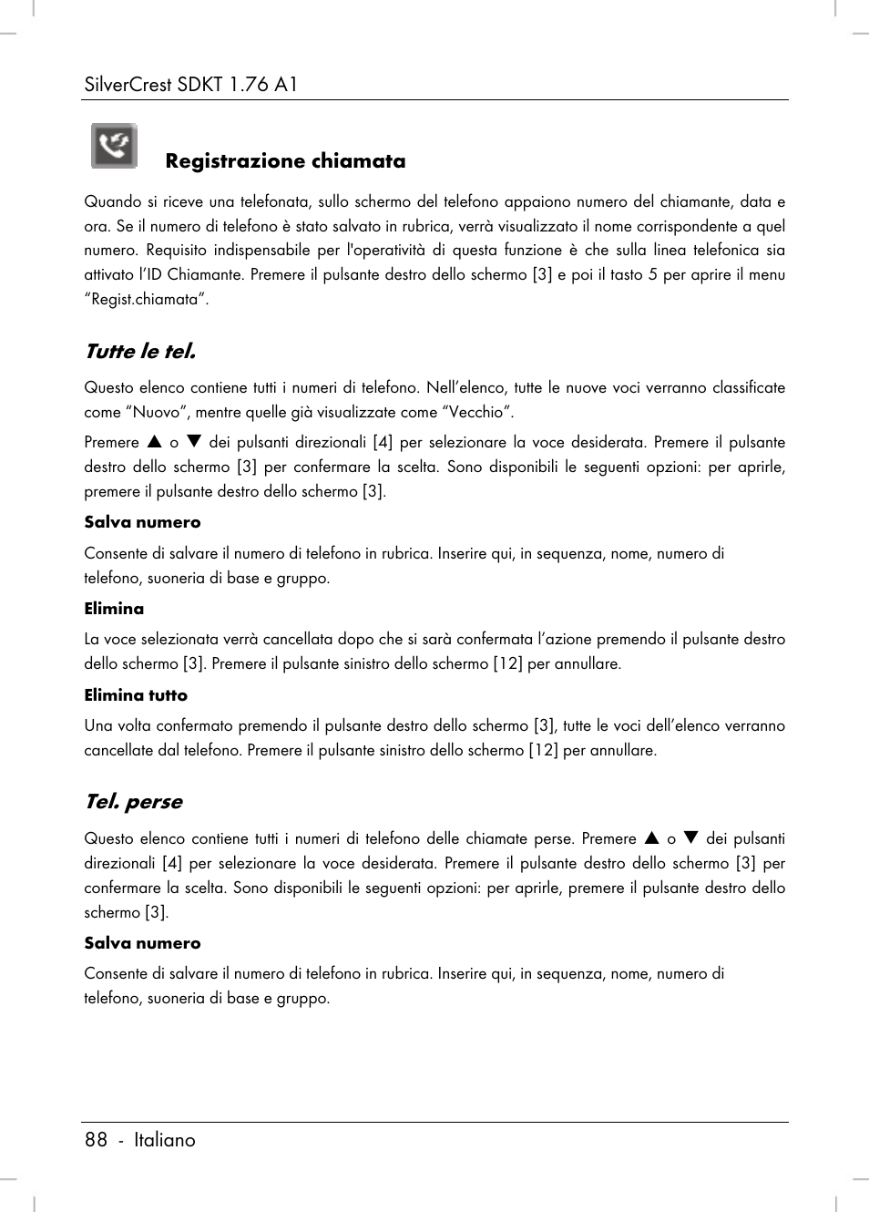 Tutte le tel, Tel. perse, Registrazione chiamata | Silvercrest SDKT 1.76 A1 User Manual | Page 90 / 216