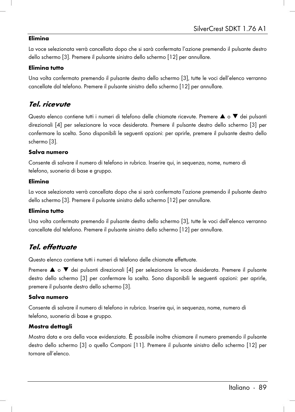 Tel. ricevute, Tel. effettuate | Silvercrest SDKT 1.76 A1 User Manual | Page 91 / 216