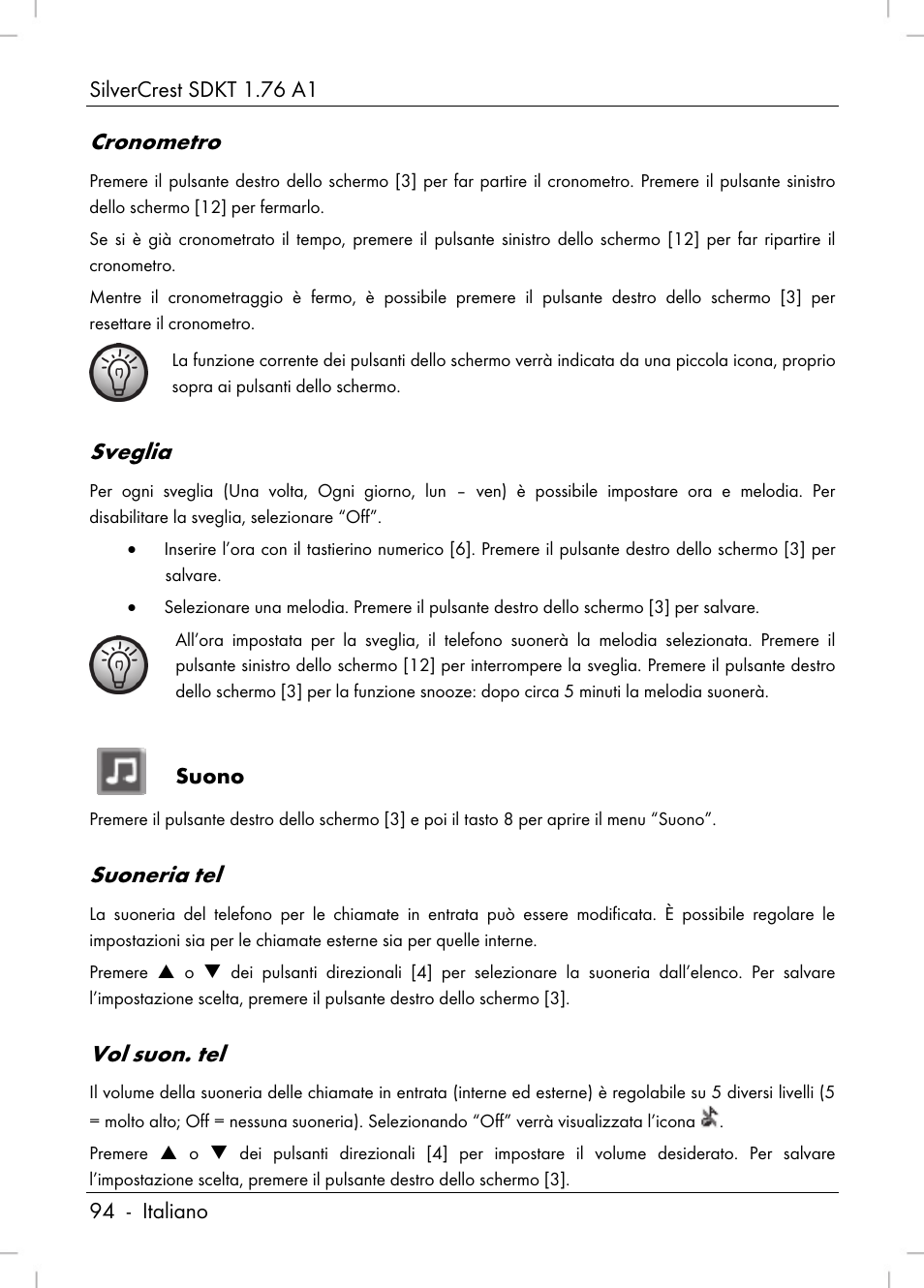 Cronometro, Sveglia, Suoneria tel | Vol suon. tel | Silvercrest SDKT 1.76 A1 User Manual | Page 96 / 216