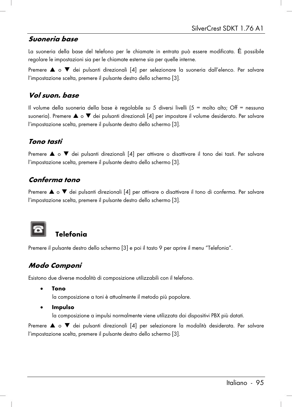 Suoneria base, Vol suon. base, Tono tasti | Conferma tono, Modo componi | Silvercrest SDKT 1.76 A1 User Manual | Page 97 / 216